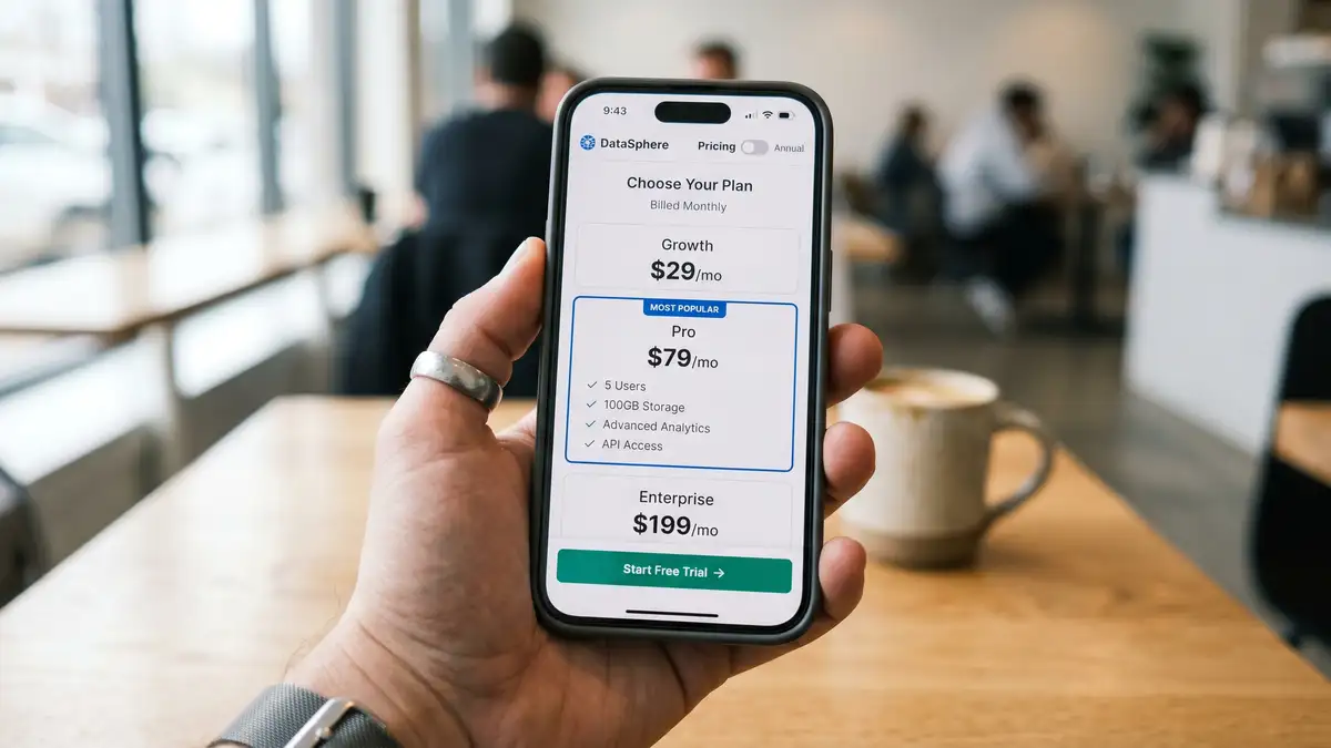 Mobile phone showing optimised SaaS pricing page with vertically stacked tier cards and sticky Start Free Trial button at bottom of screen