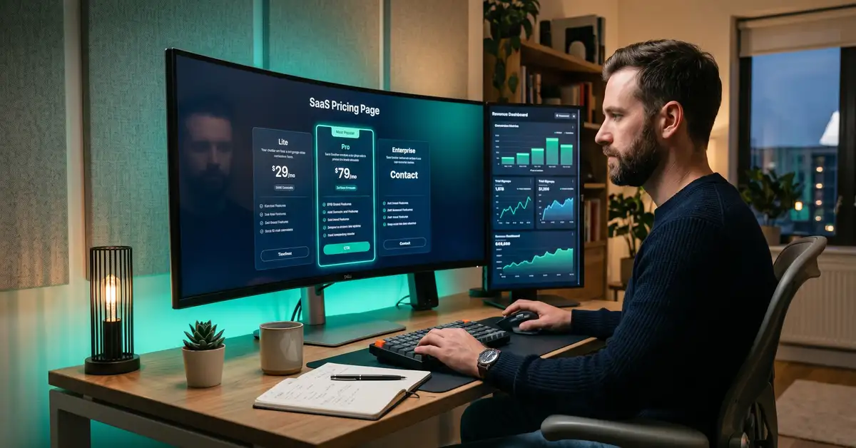 SaaS pricing page mockup on a large monitor showing three pricing tiers with middle tier highlighted as Most Popular for B2B trial conversion optimization