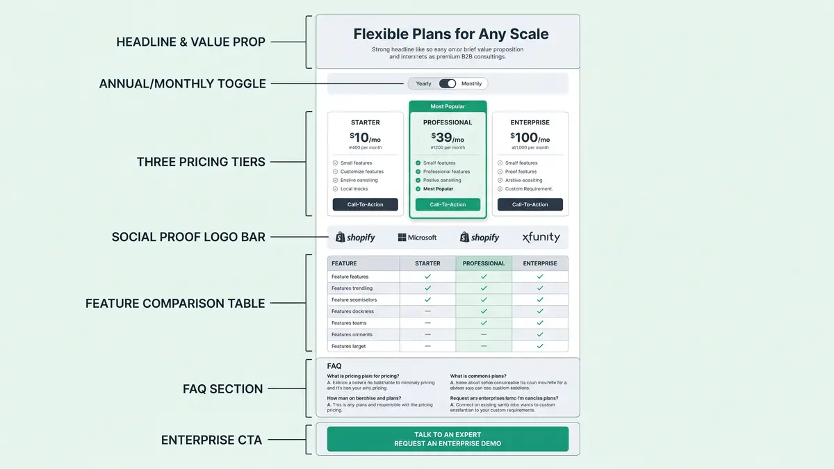 Vertical anatomy diagram of a high-converting SaaS pricing page showing headline, annual toggle, three tiers, social proof, comparison table, FAQ, and enterprise CTA