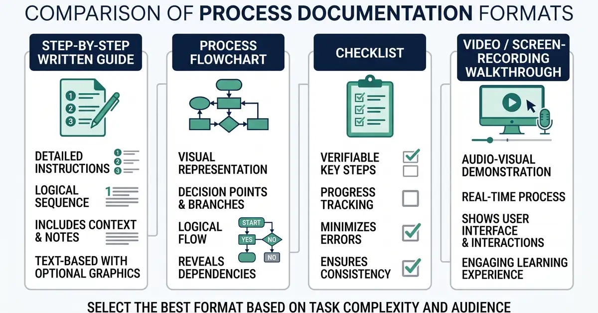 Formats of process documentation compared: a written guide, a flowchart, a checklist, and a video walkthrough