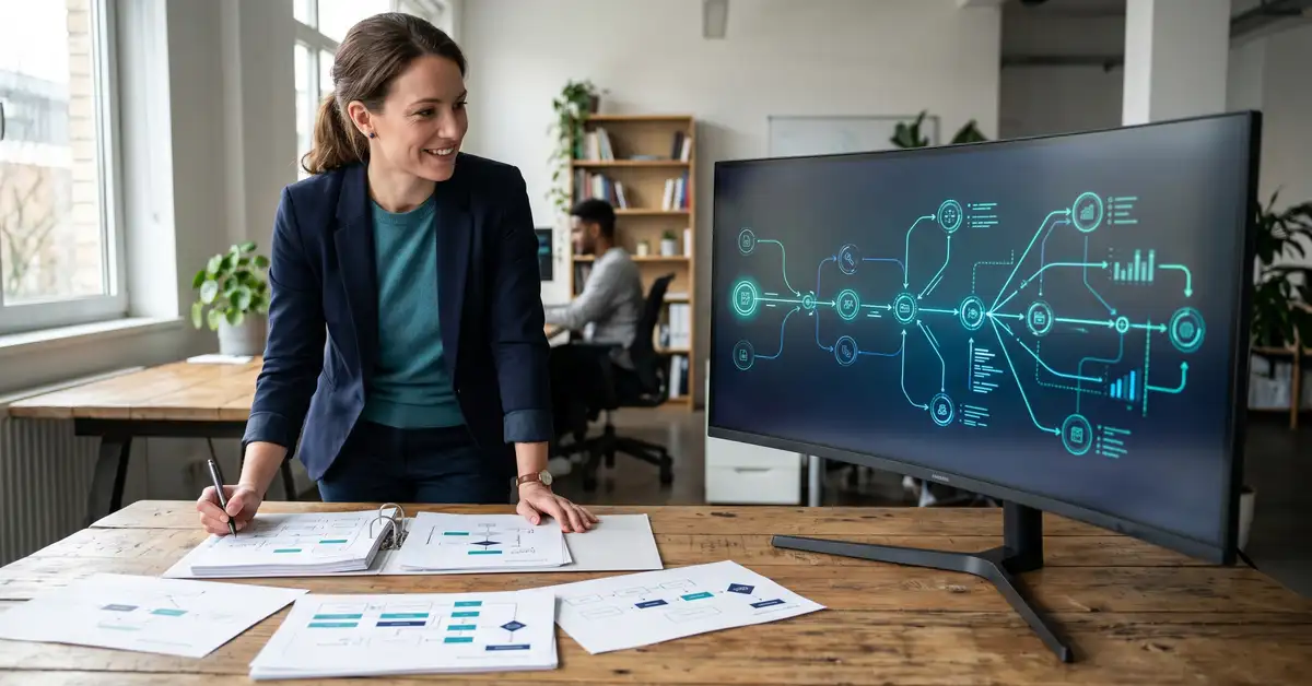 Process documentation transforming into an automated digital workflow, showing documentation as the blueprint for automation