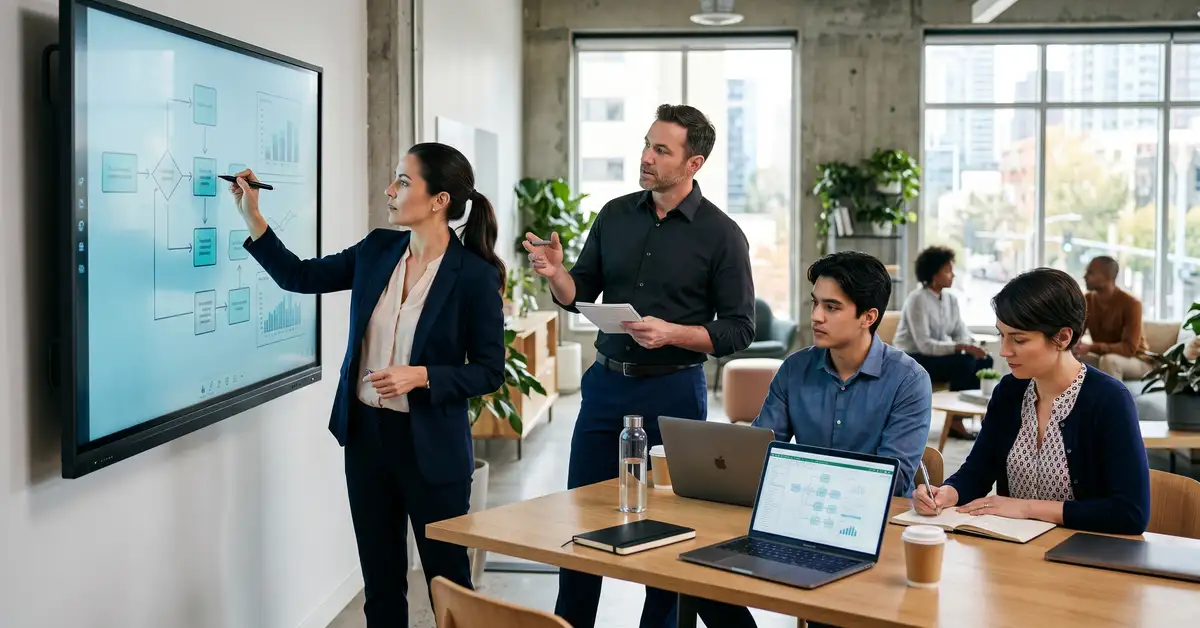 A B2B team documenting a business process together, capturing steps and a flow diagram on a screen