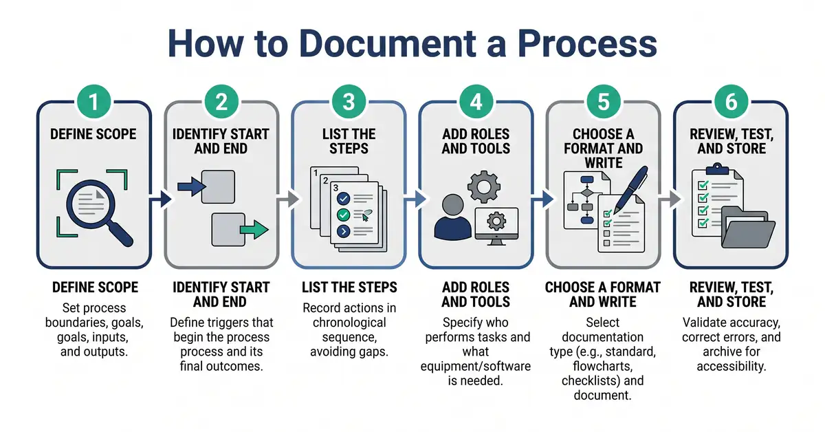 A six-step method for documenting a process, from defining scope to reviewing, testing, and storing
