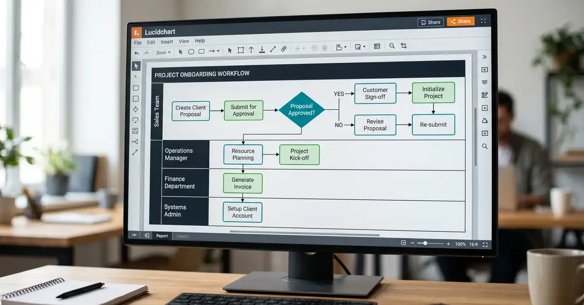 A clean swimlane business process map showing horizontal role lanes with connected process boxes, a decision diamond, and arrows