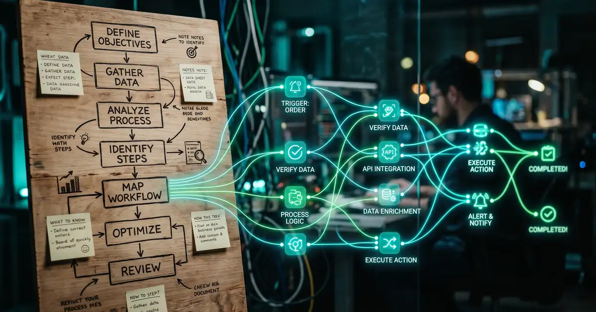 A mapped business process flowing into an automated workflow, a flowchart transforming into glowing automation nodes