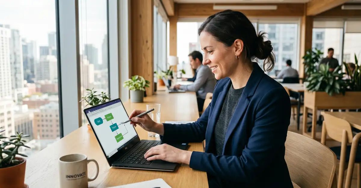 A professional sketching a simple process flowchart on a laptop in a modern office
