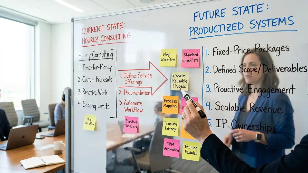 Whiteboard framework diagram showing the transition from hourly consulting to productized systems for B2B expertise