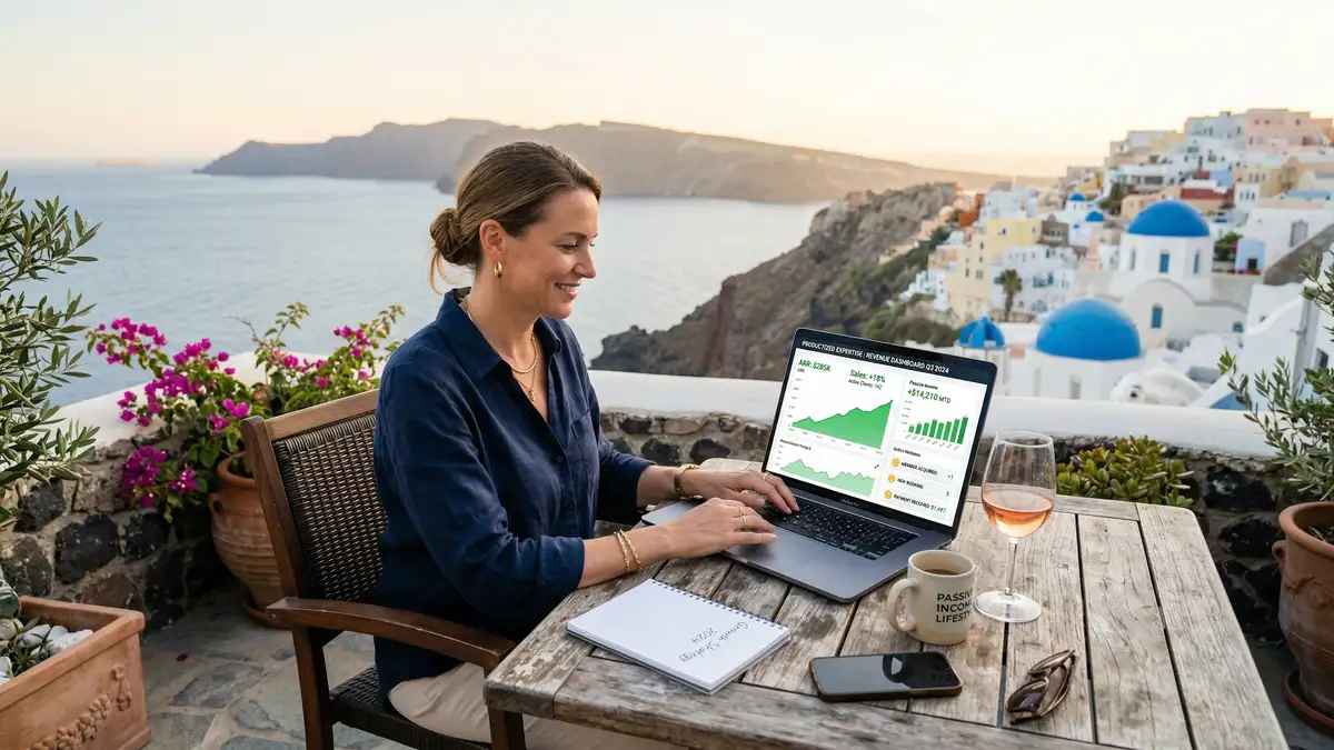 Executive working remotely from Mediterranean terrace with laptop showing revenue dashboard representing freedom from productized expertise