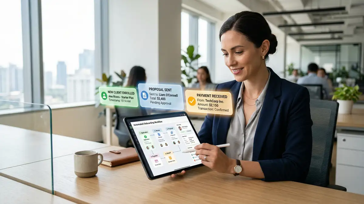 Business consultant reviewing automated client onboarding workflow on tablet showing productized service notifications