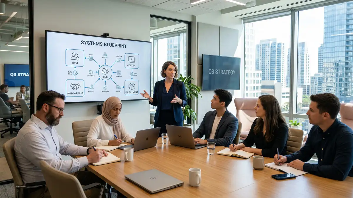 Team of professionals in modern conference room reviewing systems blueprint for productized service delivery