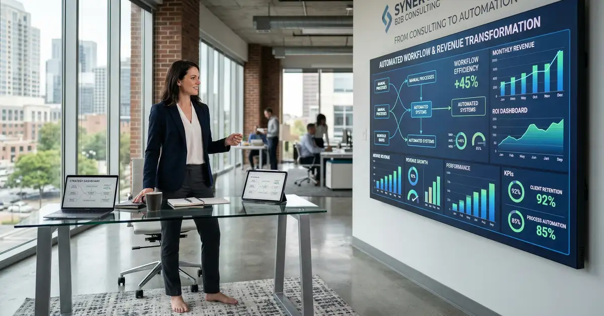 B2B consultant viewing automated workflow diagrams and revenue dashboards representing the transformation from manual consulting to productized systems