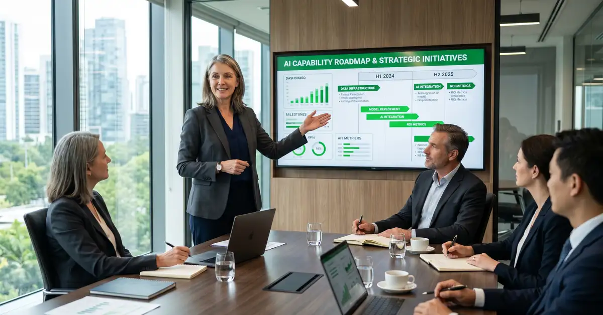 Professional fractional Chief AI Officer portrait in modern B2B executive strategic meeting environment