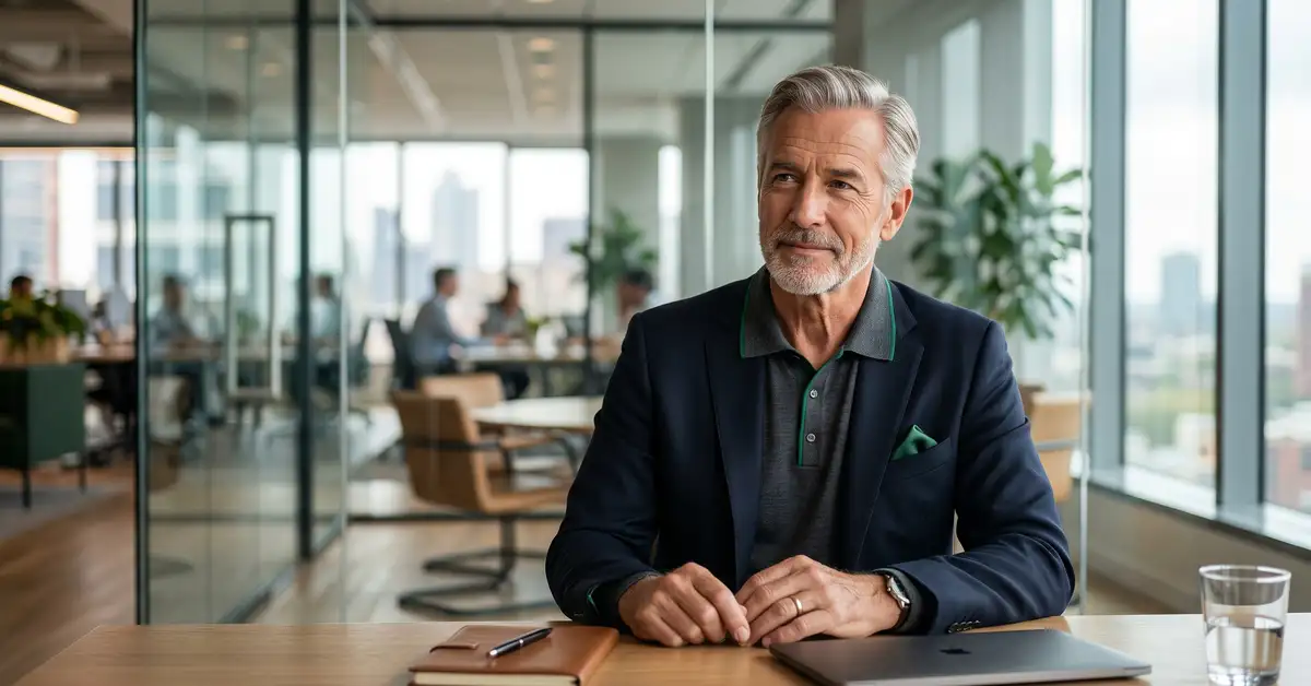 Senior fractional chief AI officer leading B2B strategic discussion in modern executive workspace