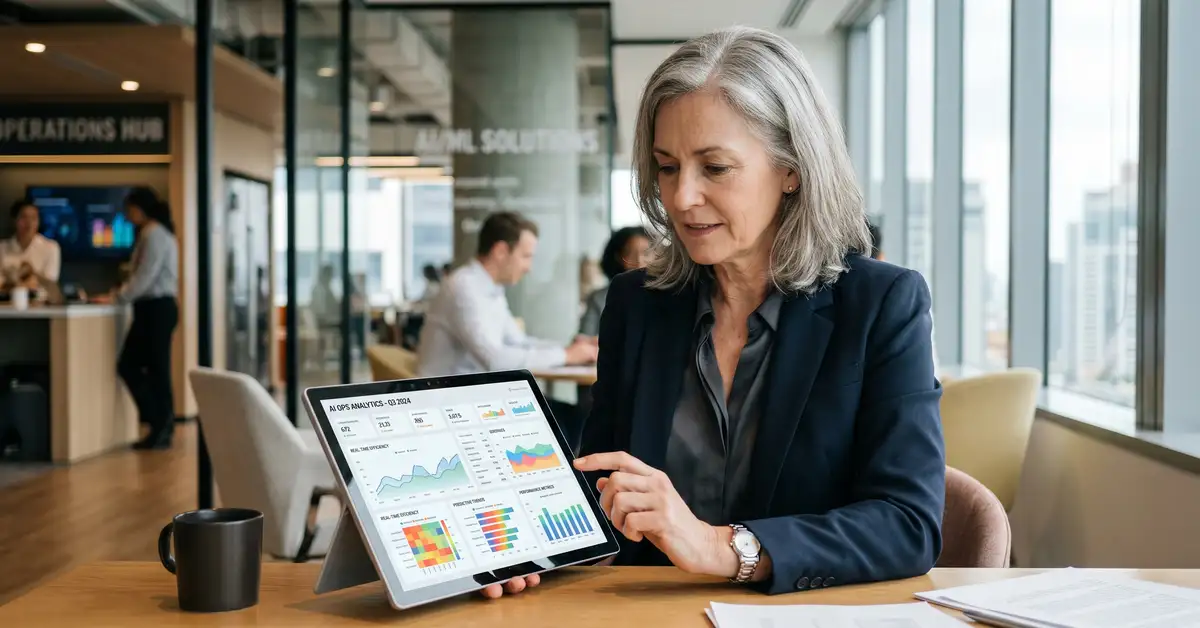 Senior operations leader reviewing AI analytics tablet showing KPI frameworks for agentic systems