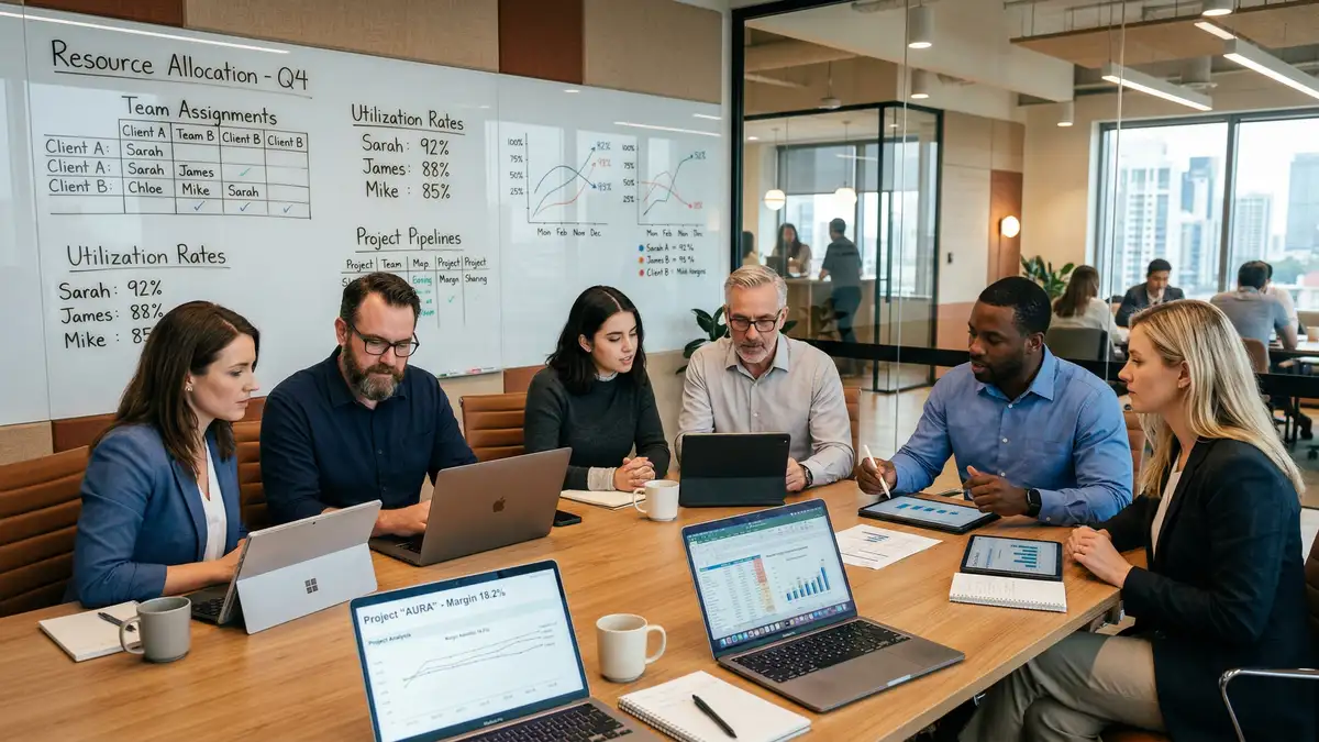Professional services team analyzing project margin reports and resource utilization data on tablets around conference table