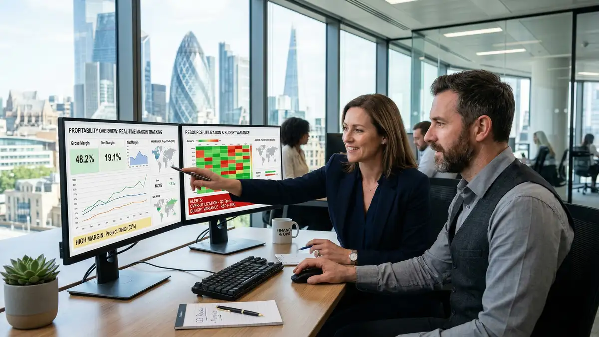 Finance director reviewing automated profitability reports with real-time margin tracking and resource utilization heatmaps on dual monitors