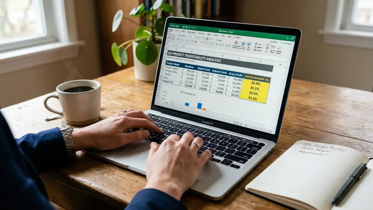 Business professional reviewing project profitability spreadsheet with highlighted margin columns on laptop