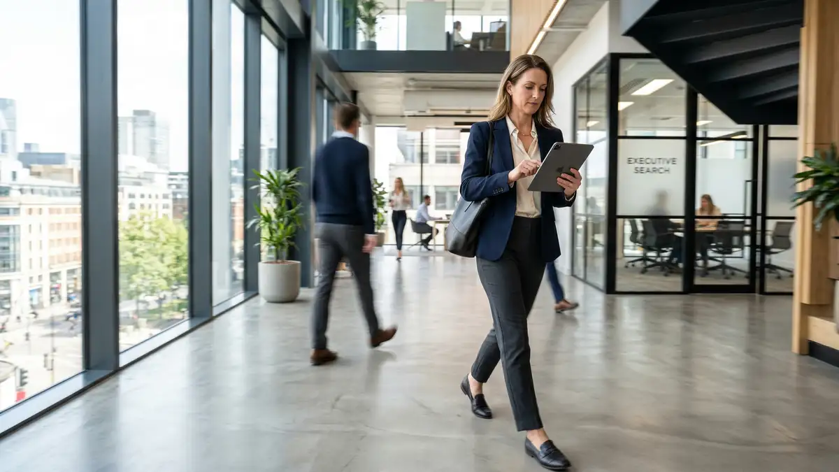 Executive search recruiter reviewing placement profitability metrics on tablet in modern office corridor