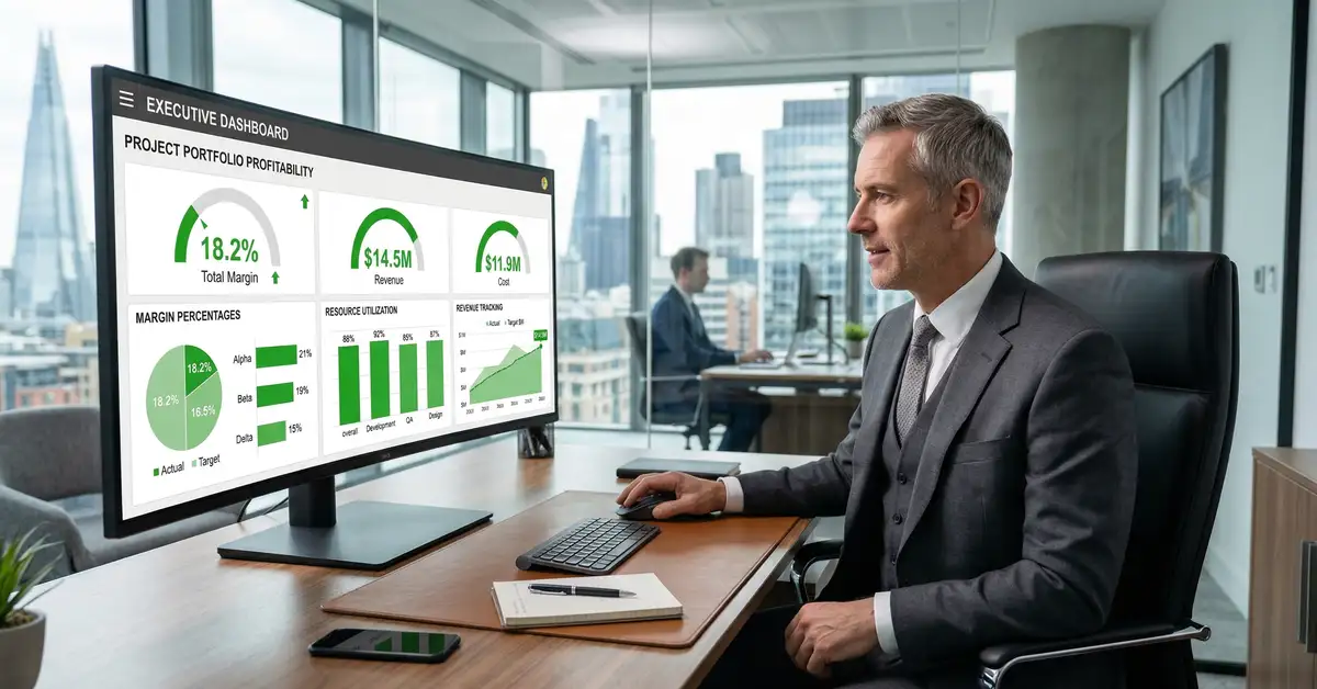 Professional services team analyzing project profitability dashboards with real-time margin tracking and resource utilization metrics