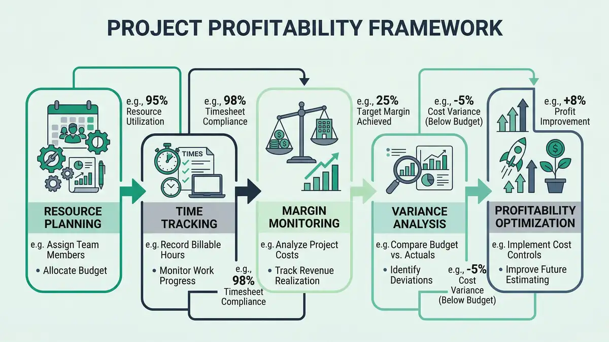 Infographic showing project profitability framework with five stages from resource planning to profitability optimization using peppereffect brand colors
