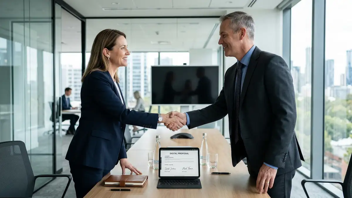 Proposal analytics dashboard showing close rate trends, proposal velocity metrics, and time-to-signature data