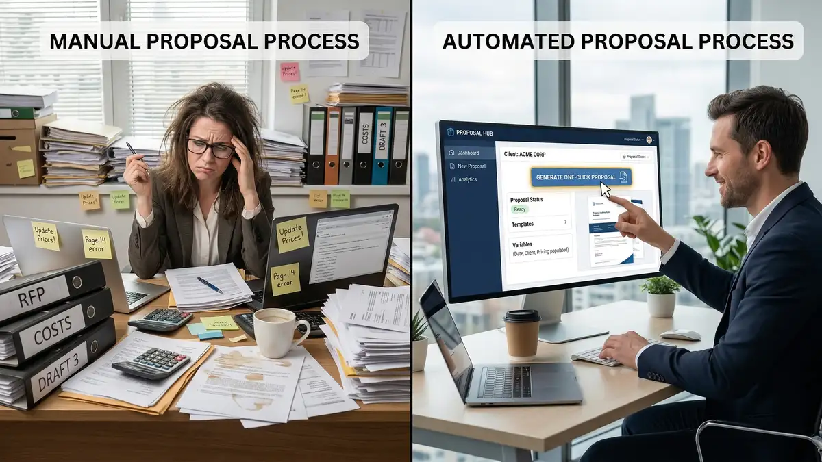 Manual document creation versus automated proposal generation workflow comparison showing time and error reduction