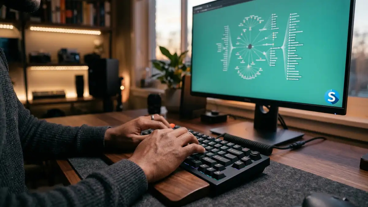 Developer implementing JSON-LD structured data markup in code editor with schema validation running in adjacent browser window