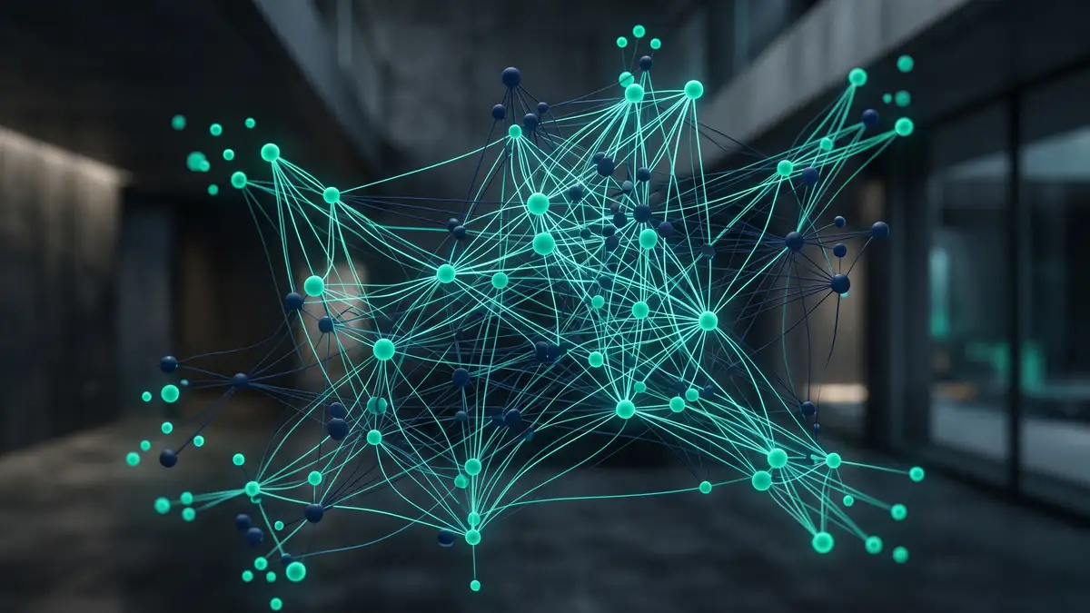 Visual representation of entity knowledge graph showing interconnected Organization Person and Article nodes linked via stable URIs and sameAs references