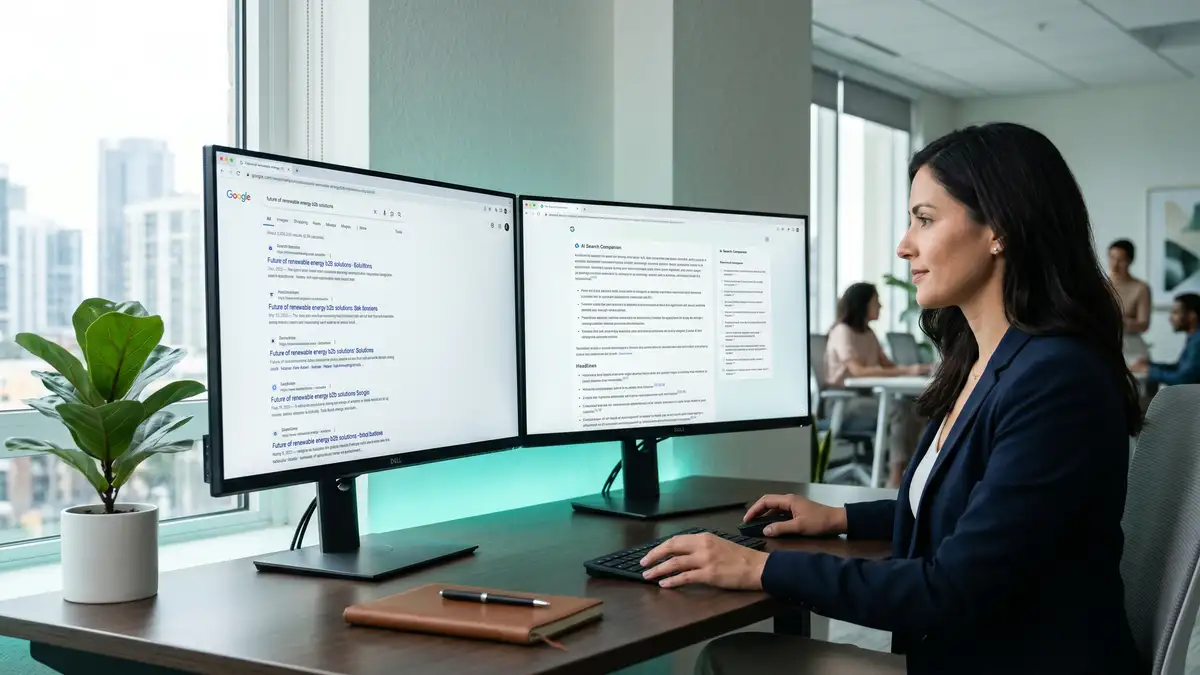 Split-screen showing traditional blue-link search results alongside an AI-generated answer with citations for zero-click search visibility