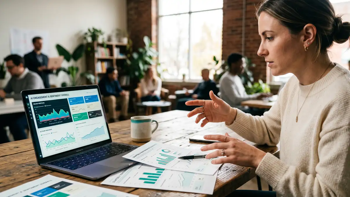 Marketing strategist reviews printed analytics alongside a laptop showing brand mention graphs across AI platforms for zero-click visibility measurement