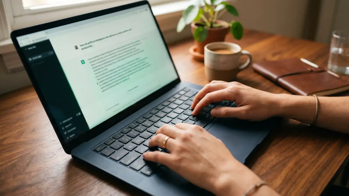 Close-up of hands typing a query into an AI chat interface streaming an AI-generated response