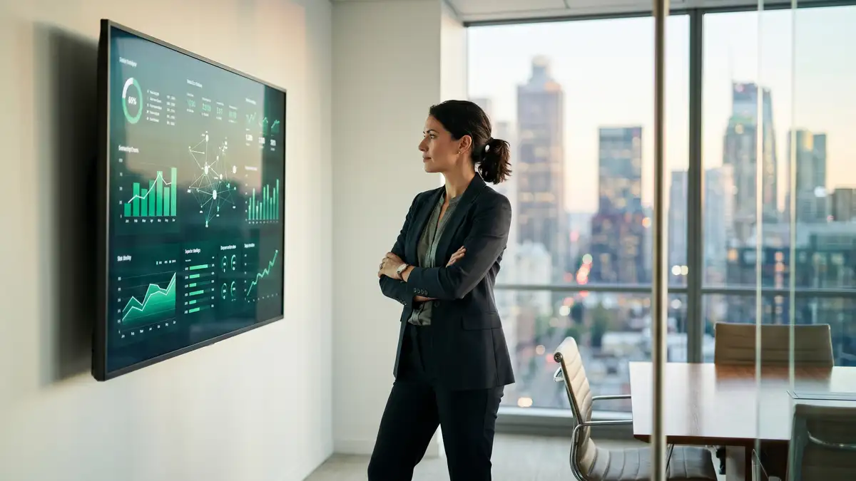 Marketing leader in business attire studies large monitor showing AI search visibility data visualizations for B2B vertical playbooks