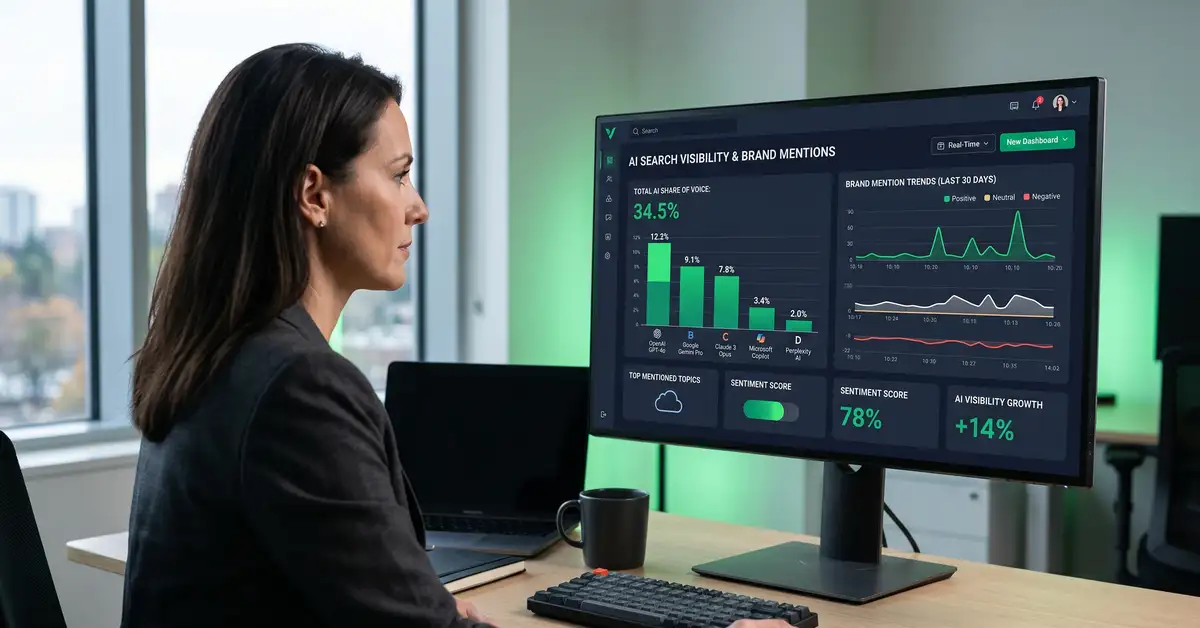 Data analyst reviews AI search visibility dashboard with ChatGPT, Perplexity, and Google AI Overviews citation metrics on multiple monitors for zero-click measurement