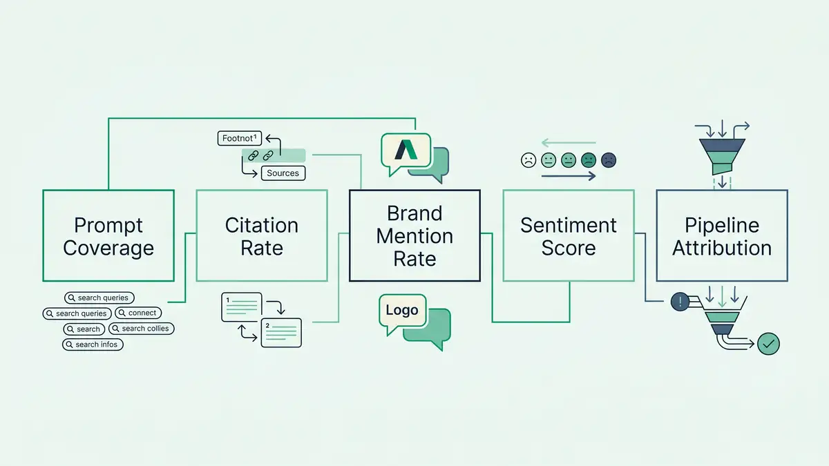 Five-layer AI search visibility measurement framework showing Prompt Coverage, Citation Rate, Brand Mention Rate, Sentiment Score, and Pipeline Attribution