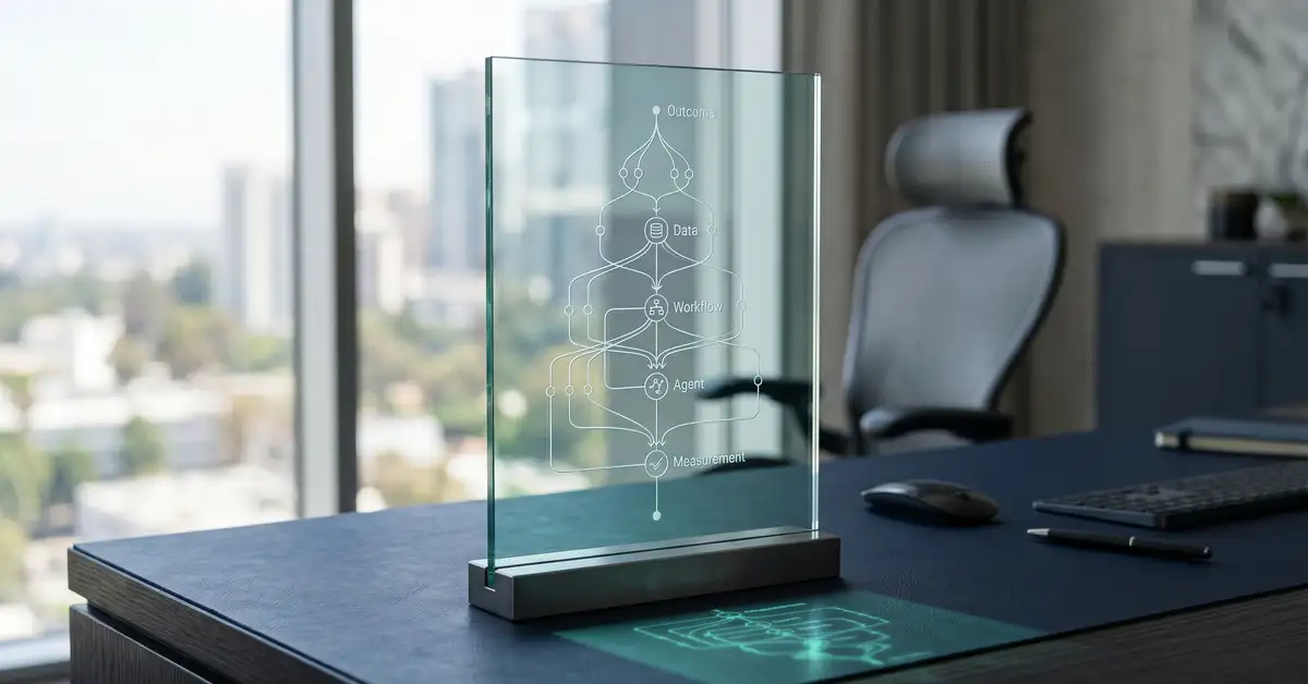 Glass pane showing a schematic cascade of five intelligence layers — representing the Intelligence-First Methodology for AI project success