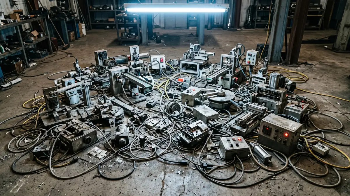 Scattered disconnected mechanical widgets with tangled wires representing automation debt — the fragmentation that task-only automation creates when scaled without orchestration governance