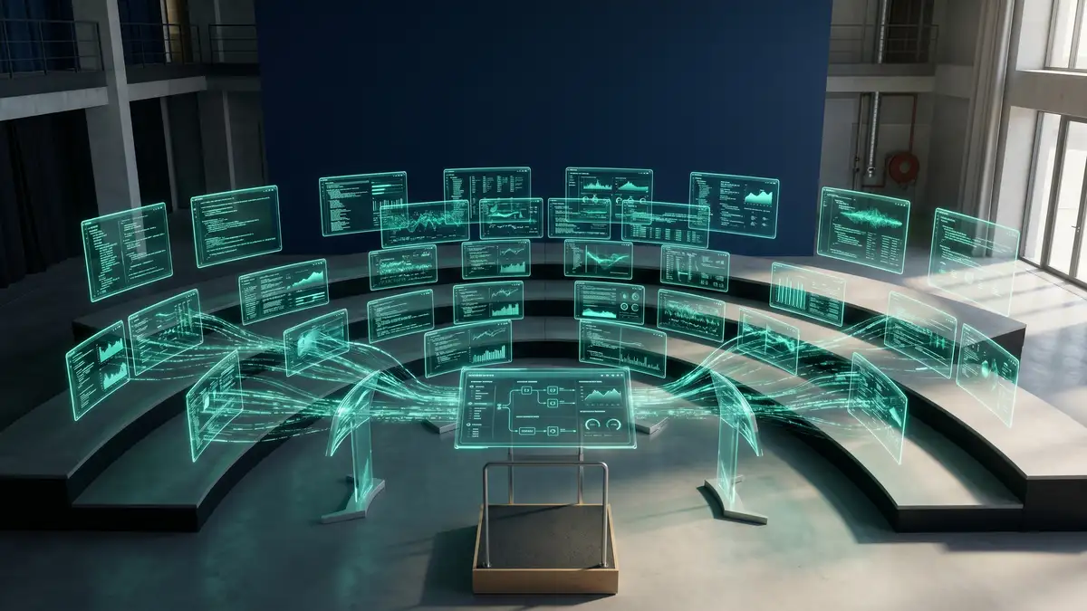 Symphony orchestra rendered as high-tech holographic panels with a central conductor's dashboard — the metaphor for orchestrated multi-agent systems harmonising toward unified business outcomes
