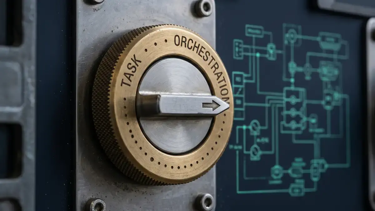 Precision control dial turning from TASK to ORCHESTRATION on a schematic backdrop — the architectural shift from task automation to AI orchestration in B2B operating models