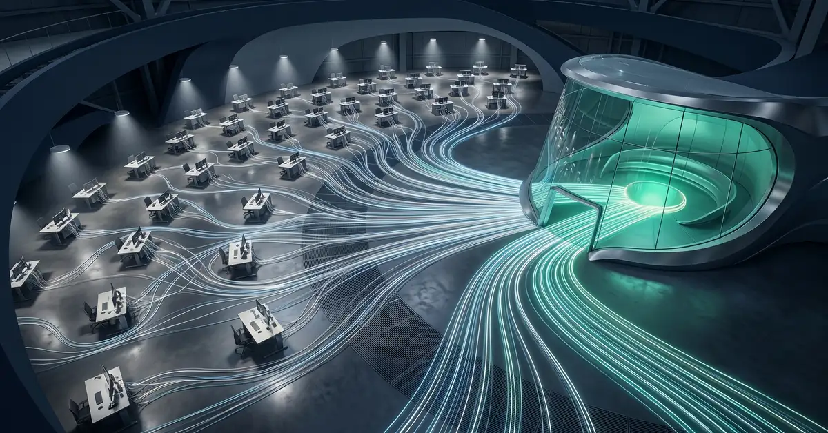 Conductor raising baton before a half-assembled modular control room — visual metaphor for B2B AI orchestration coordinating autonomous agents across a workflow stack.