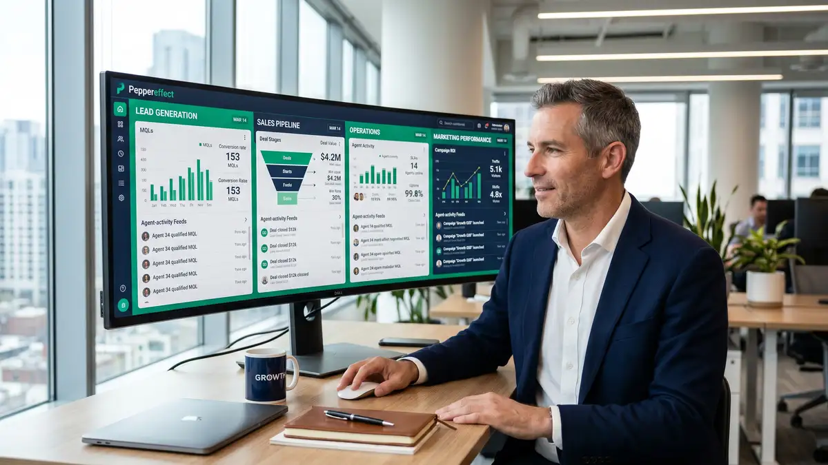 Executive growth dashboard showing four integrated AI-powered B2B pillars and revenue scaling without headcount