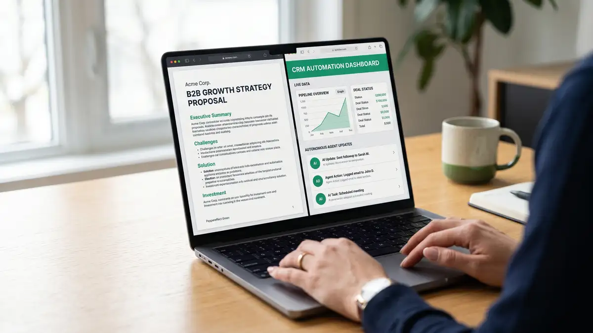 AI proposal generator and CRM automation interface showing conversion layer automation