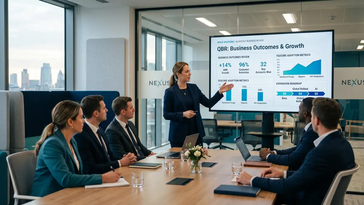 Customer success manager presenting QBR slide deck in a modern conference room