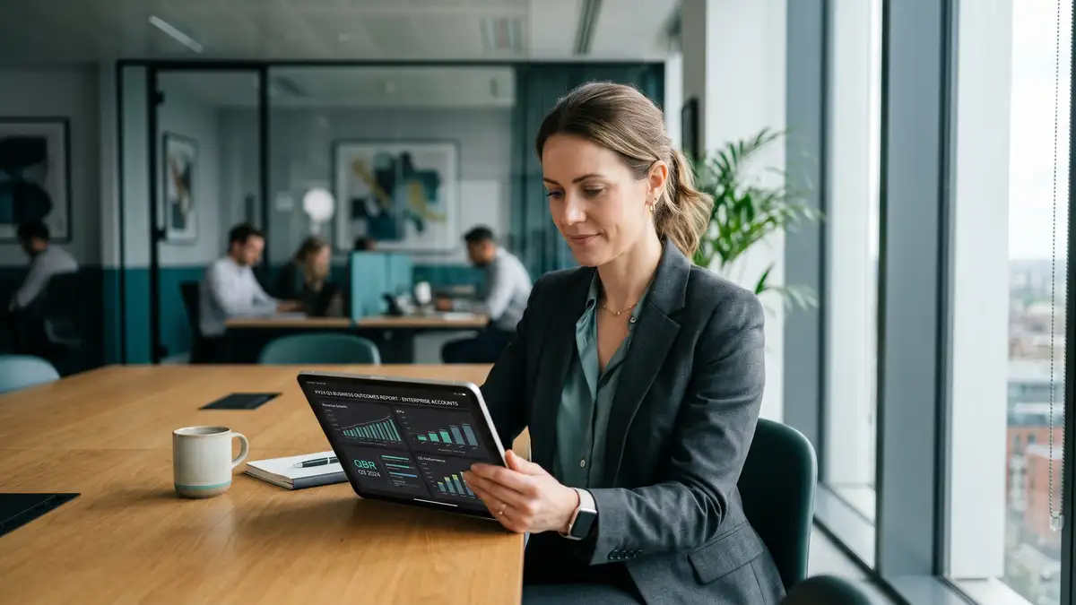 Enterprise customer executive reviewing QBR business outcomes report on a tablet