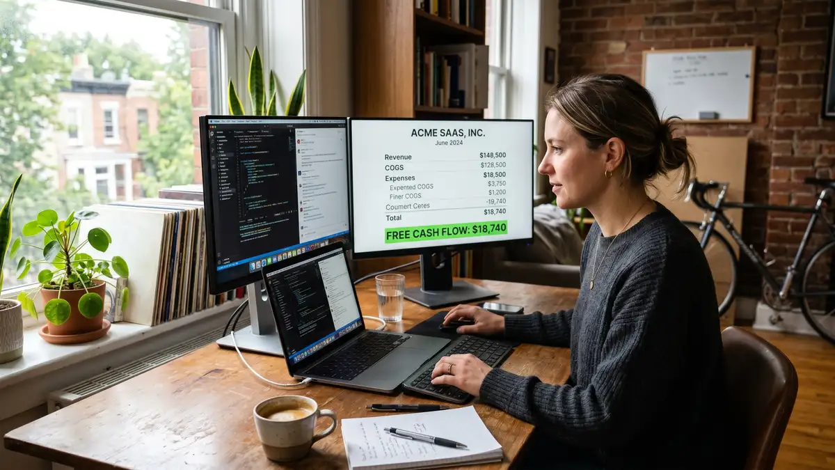 Bootstrapped SaaS founder reviewing positive FCF profit-and-loss statement at home office