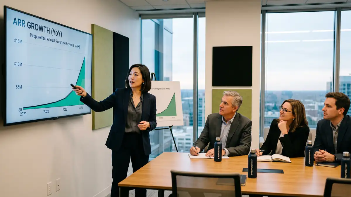 Venture-backed SaaS founder presenting hockey-stick growth chart to investor partners