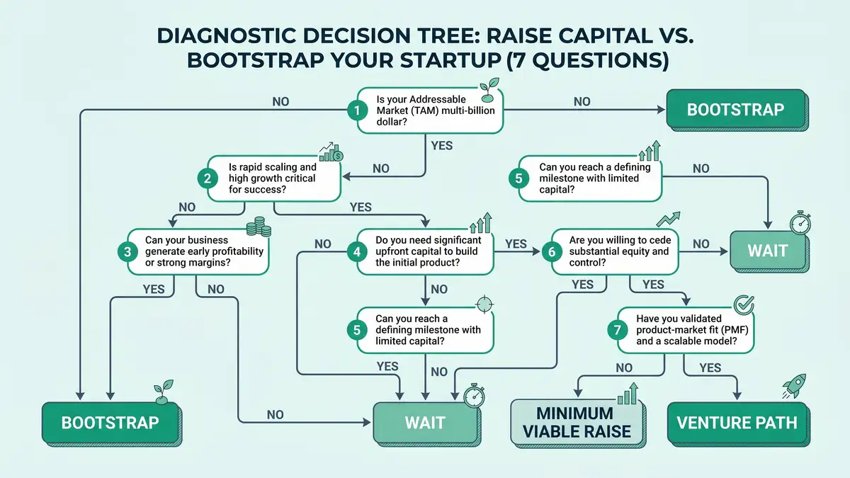 Decision tree mapping the seven raise vs bootstrap diagnostic questions to four outcomes: Bootstrap, Minimum Viable Raise, Venture Path, Wait