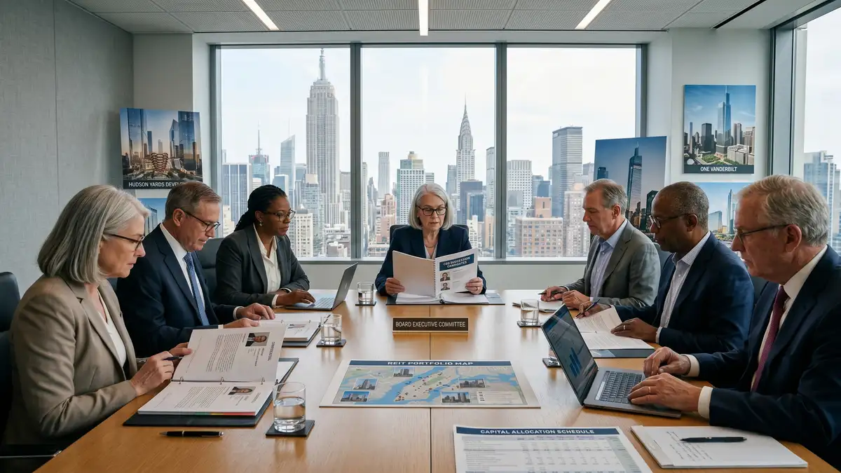 REIT board executive committee reviewing CEO succession candidates with six senior board members around a long polished oak conference table