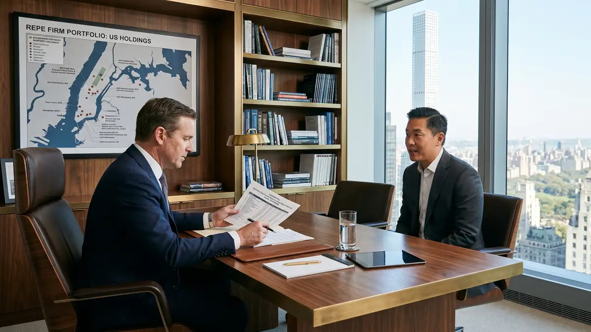 Real estate private equity Managing Partner interview at a Park Avenue REPE firm headquarters with two professionals reviewing deal track record and carried interest schedule