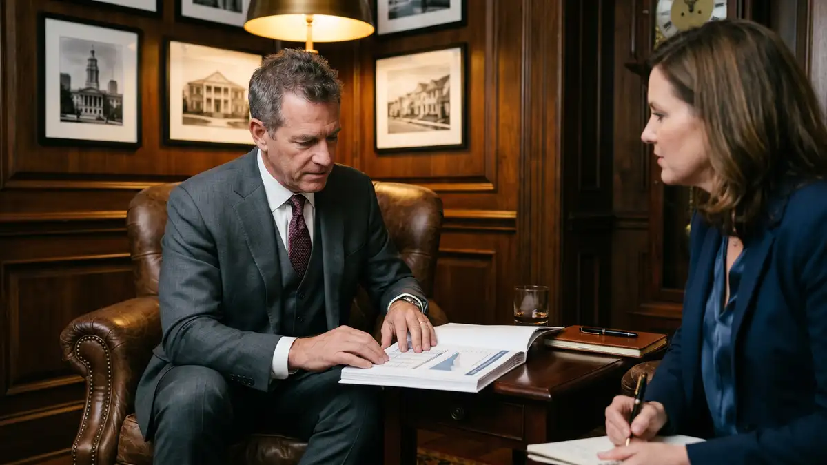 Confidential homebuilder CEO interview in a quiet private club reviewing candidate dossier and regional housing market analysis