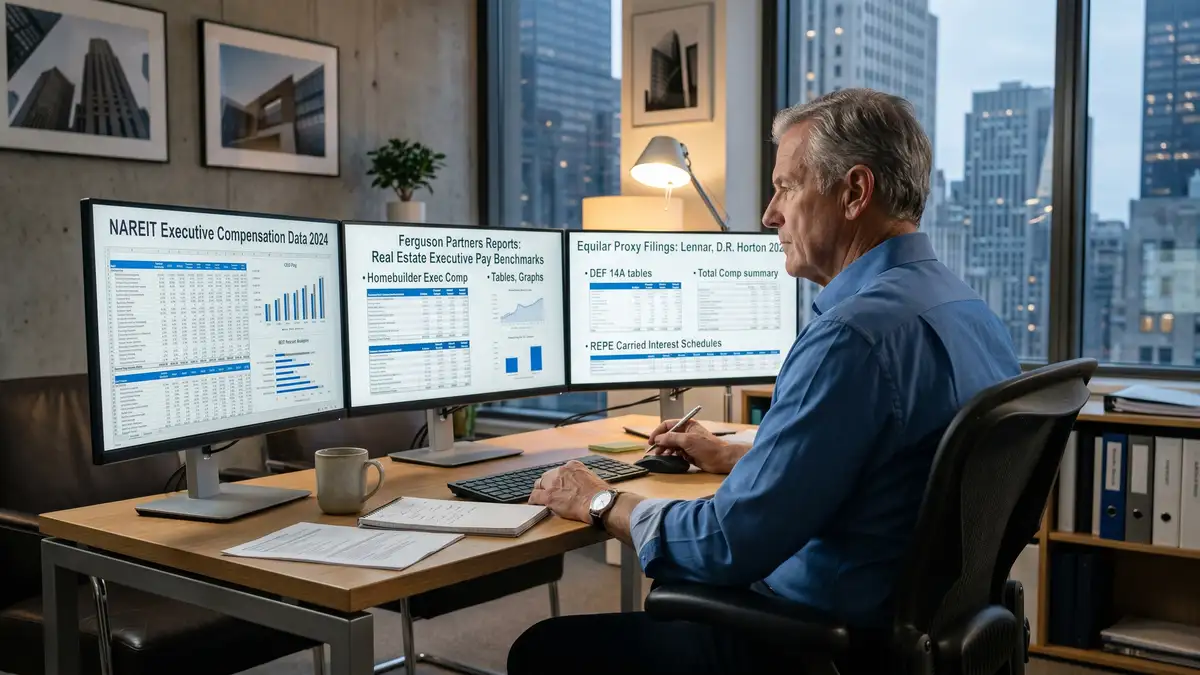 Senior real estate compensation consultant analyzing REIT and homebuilder executive compensation benchmarks across three monitor displays